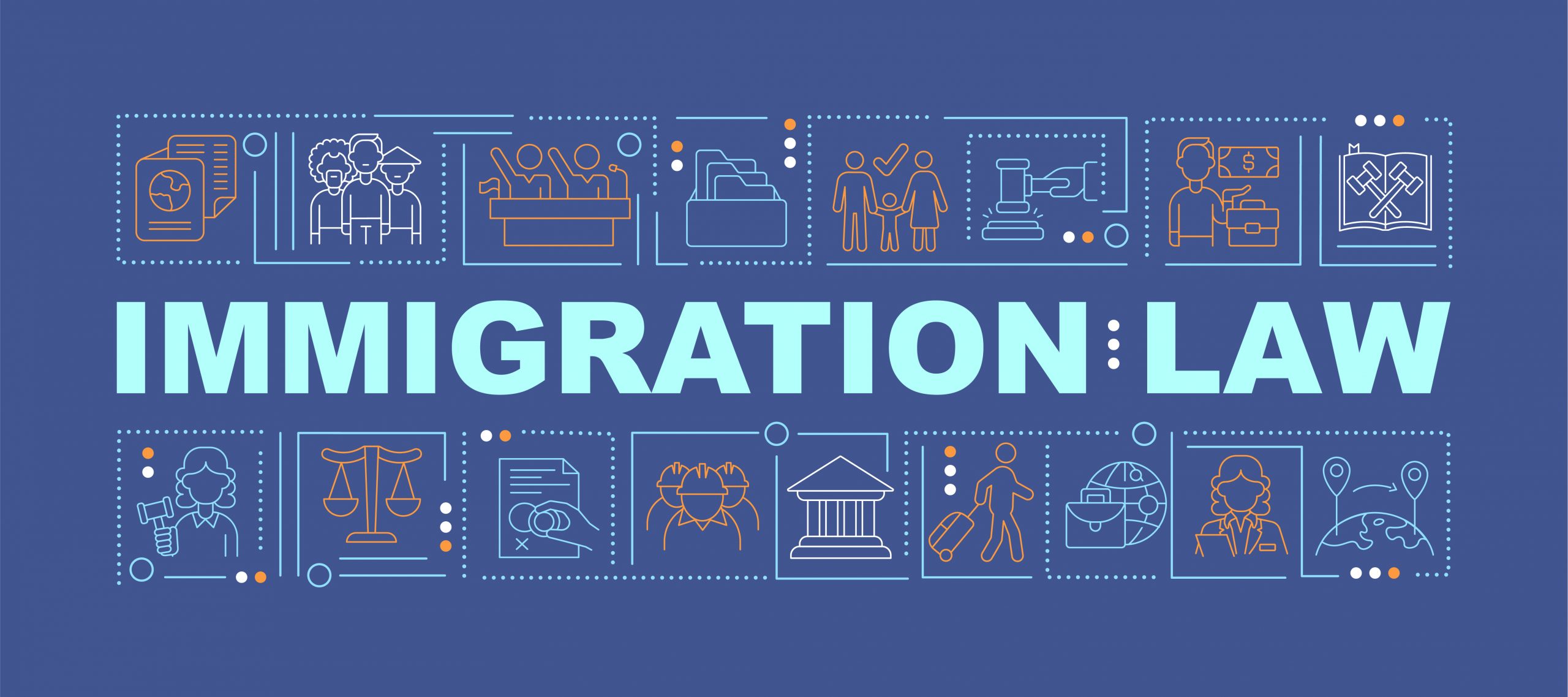 Immigration law dark blue word concepts banner. Human rights. Infographics with linear icons on turquoise background. Isolated creative typography. Vector outline color illustration with text graphic about immigration law