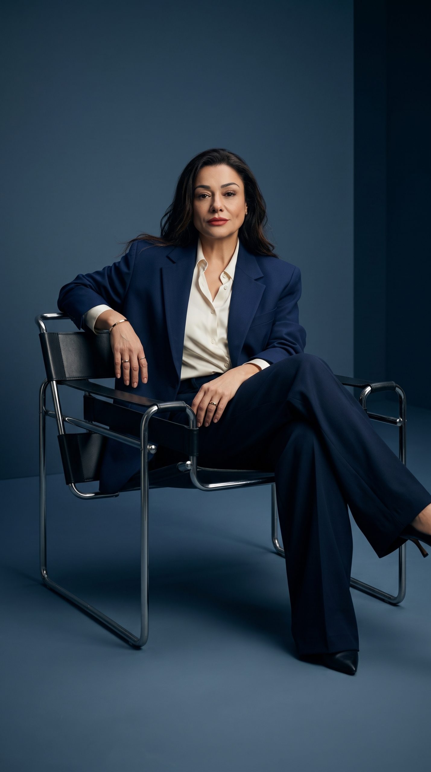 Professional portrait of Carina Felippetto seated in a navy suit